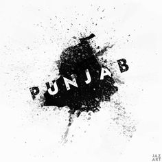 the word punja painted in black and white ink on a white background with splashes