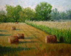 a painting of hay bales in a field