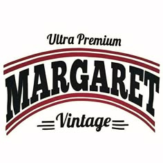 the margaret vintage logo is shown in black and red on a white background