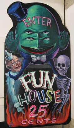 a sign that says fun house with two skeletons and a skeleton in front of it