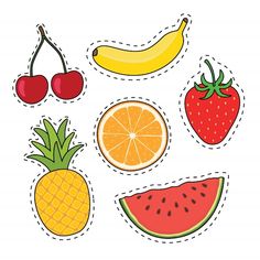 fruit stickers with cut out pieces and fruits in the middle, including bananas, watermelon, cherries