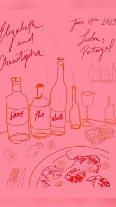 a drawing of wine bottles and other items on a table with the names of their wines