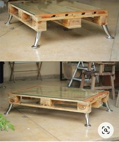 two pictures of a coffee table made out of pallet wood and metal legs with glass top