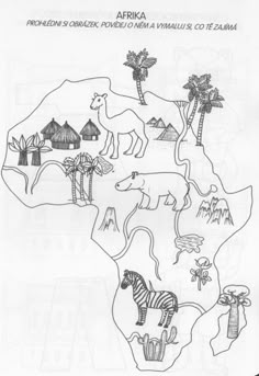 a drawing of africa with animals and palm trees on the map in black and white