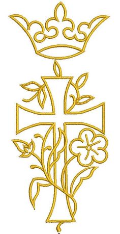 a cross with flowers and a crown on it's head is shown in gold