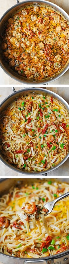 three different pans filled with food on top of a table