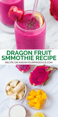 dragon fruit smoothie recipe in a glass with strawberries, bananas and oranges