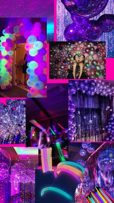 a collage of photos with balloons, streamers and lights