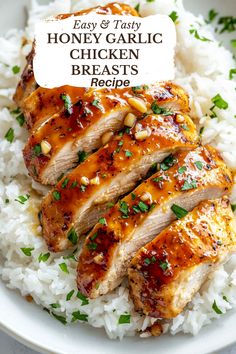 honey garlic chicken breast recipe on top of white rice