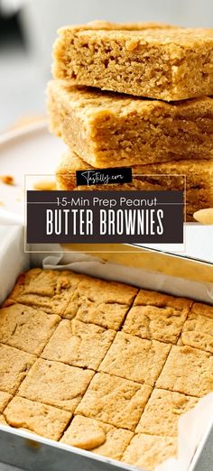 peanut butter brownies stacked on top of each other in a pan with the title below