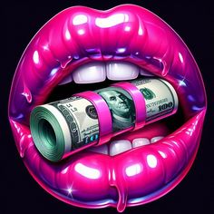 a roll of money sticking out of the lip of a woman's mouth with pink lipstick