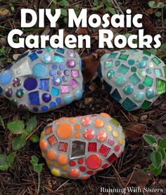 two rocks made out of glass sitting on the ground with text overlay reading diy mosaic garden rocks