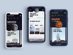 three smartphones displaying the moon landing pages