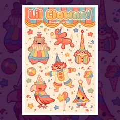 a poster with clowns and circus animals on it's back cover, which reads lil clowns