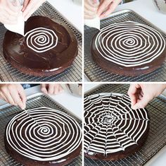 four pictures showing how to decorate a chocolate cake with white icing and spiral designs