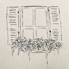 a drawing of flowers in front of an open window with shutters on the outside