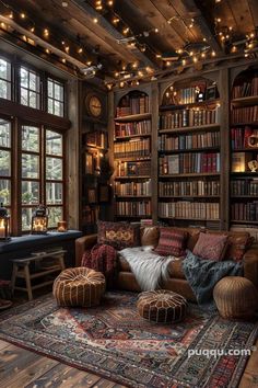 a living room filled with lots of furniture and bookshelves covered in christmas lights