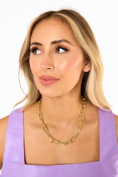 The gold chain link necklace of our dreams! We love the versatility of the Gia Necklace she can make a statement on her own or be layered with other necklaces! 18k Gold Plated This item is FINAL SALE. Chic Metal Chain Necklace With Cable Chain, Chic Metal Cable Chain Necklace, Long Yellow Gold Everyday Chain Necklace, Long Yellow Gold Chain Necklace For Everyday, Everyday Long Yellow Gold Chain Necklace, Trendy Jewelry With Chunky Chain And Rectangular Links, Chic Gold Plated Necklace With Paperclip Chain, Chic Jewelry With Delicate Chain And Link Shape, Chic Gold-plated Paperclip Chain Necklace