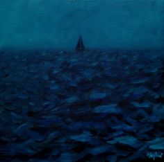 a painting of a sailboat in the ocean on a foggy day with dark blue water