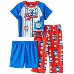 Thomas & Friends 3-Piece Pajamas Toddler Boy Size 2T The top is blue with the words "Team Thomas" on the front with a baseball striped shirt print. The shorts are solid blue knit. The pants are loose fitting, and are red with a print of Thomas Train. Brand New with Tags! MSRP: $32.00 I ship quickly, the same day or next day. Friends Pajamas, Toddler Training Pants, Friends Boys, Baby Tank Tops, Toddler Pajamas, Thomas The Train, Thomas The Tank Engine, Matching Pajamas, Thomas And Friends