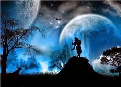 a woman standing on top of a hill under a blue moon filled sky with birds flying above