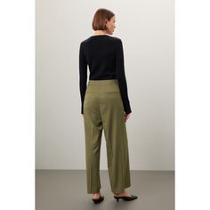 Green twill (62% Polyester, 35% Viscose, 3% Spandex). Pants. Front zipper fly with button closure. 30" inseam. 12" rise. Imported. Spandex Pants, Work Uniforms, Rent The Runway, Closet Designs, Pleated Pants, Cropped Sweater, Front Zipper, High Fashion, High Waisted