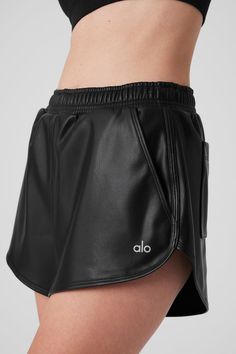 Faux Leather Power Hour Short - Black | Alo Yoga Power Hour, Chic Leather, Woman Back, Back Women, Alo Yoga, Low Rise, Shopping Outfit, Stockings, Faux Leather