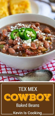 tex mex cowboy baked beans in a white bowl on a red and white checkered tablecloth