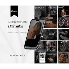 the luxury hair salon website is displayed in black and white colors, with an image of a woman's back