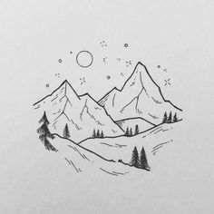 a drawing of mountains with pine trees on the top and stars in the sky above