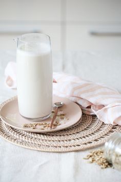 a glass of milk sitting on top of a plate