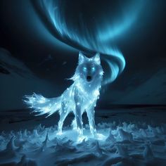 a white wolf standing in the snow with an aurora bore behind it's head