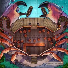 an artistic tile mural depicting a table and two large crabs