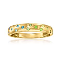 Ross-Simons - .18 ct. t. w. Multi-Gemstone Gradient Ring in 14kt Yellow Gold. Size 6. RS Pure. Modern designs that complete your outfit and complement your personality. Our cool-toned ring will ensure you start off each day feeling refreshed! The dainty design shows off a pretty gradient with .18 ct. tot. gem wt. sapphire, green and blue tourmaline, chrome diopside, peridot, London blue topaz and tsavorite gems. Crafted in 14kt yellow gold. 1/8" wide. Multi-gemstone gradient ring. Peridot births Yellow Gold Multi-stone Birthstone Ring, Yellow Gold Multi-stone Emerald Ring, Yellow Gold Multi-stone Emerald Ring With Round Cut, Colorful Wedding Band, Flush Setting, Peridot Birthstone, Peridot Color, Multi Gemstone Ring, Flat Back Earrings