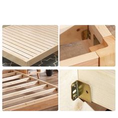 four different views of a wooden bed frame and the bottom part is made out of plywood