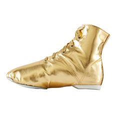 a gold shoe with white soles and laces on the top, against a white background