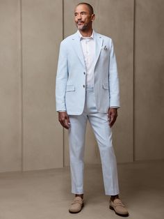 Canyon Tailored-Fit Linen-Blend Suit Trouser | Banana Republic Factory Summer Wedding Outfits For Men, Blue Suit Shoes, Men Wedding Attire Guest, Classy Summer Wedding, Linen Blazer Outfit, Wedding Outfits For Men, Suit Lining, Formal Wedding Guest Attire, Spring Time Outfits