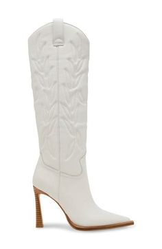 A timeless Western boot is reimagined with a pronounced pointy toe and sky-high stiletto heel for a design that's fresh and edgy. 4" heel 13" shaft; 15" calf circumference Leather upper/synthetic lining and sole Imported Western Boots Women, Western Boot, Sky High, A Design, Stiletto Heel, Western Boots, Boot Shoes Women, White Leather, Steve Madden