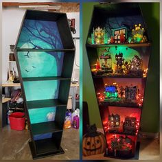 three shelves with halloween decorations on them