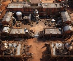 an aerial view of some rusty buildings in the desert