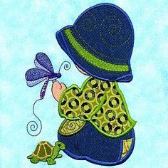 a little boy with a hat and turtle on his lap is holding a blue butterfly