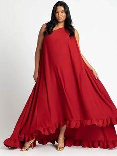 Red one shoulder ruffle winter mother of the groom dress from ELOQUII Formal Plus Size Dresses, Formal Plus Size, Asymmetrical Neckline Dress, Red Dahlia, Ruffle Gown, Neckline Dress, Asymmetrical Neckline, Date Night Dresses