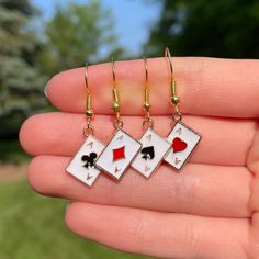 Pair of Playing Card Earrings * Lightweight * Nickel Free and Hypoallergenic * Handmade * Super cute and trendy Fun Earrings Unique, 23 Outfit, Silly Earrings, Crazy Earrings, Jewlery Earrings, Partner Cards, Card Earrings, Lucky Earrings, Apple Bottom Jeans