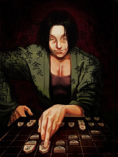 a painting of a woman with her hands on the keys of a keyboard, surrounded by chinese characters