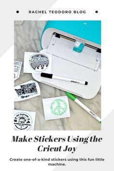 some stickers are laying on top of a white paper with the words, make stickers using the cricut joy