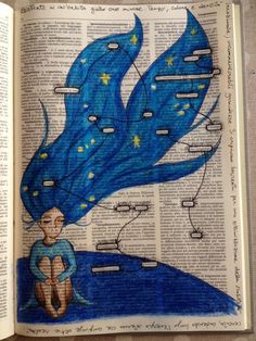 an open book with drawings on it and the pages are colored in blue, yellow and white