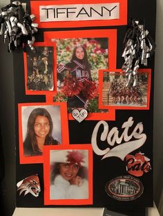 a bulletin board with pictures and cheerleaders attached to it, all decorated in black and red