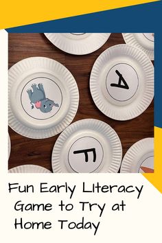 paper plates with the words fun early literacy game to try at home today on them