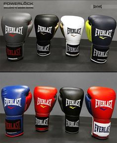 several different types of boxing gloves with the words everlast on them in white, black, red, and blue