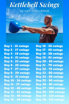 a poster for kettlebell swings with the dates in english and spanish, on a blue sky background